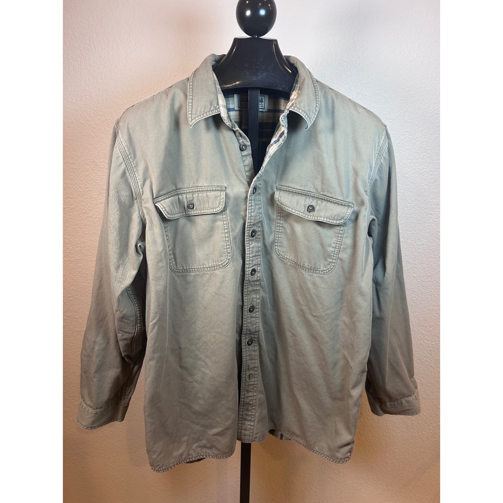 LL Bean Mens XL Flannel Lined Canvas Shirt Jacket Olive Green Plaid 278634